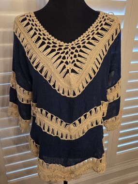 Cato Navy Tunic with Cream Crochet Trim Size L